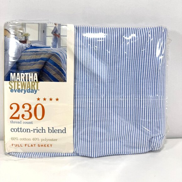 Vintage Martha Stewart Full Flat Sheet 230 Thread Count Blue White Striped - Picture 1 of 5